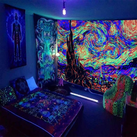 XL Neon Black Light Starry Night Vincent Van Gogh Big Wall Tapestry Blacklight - Picture 2 of 9